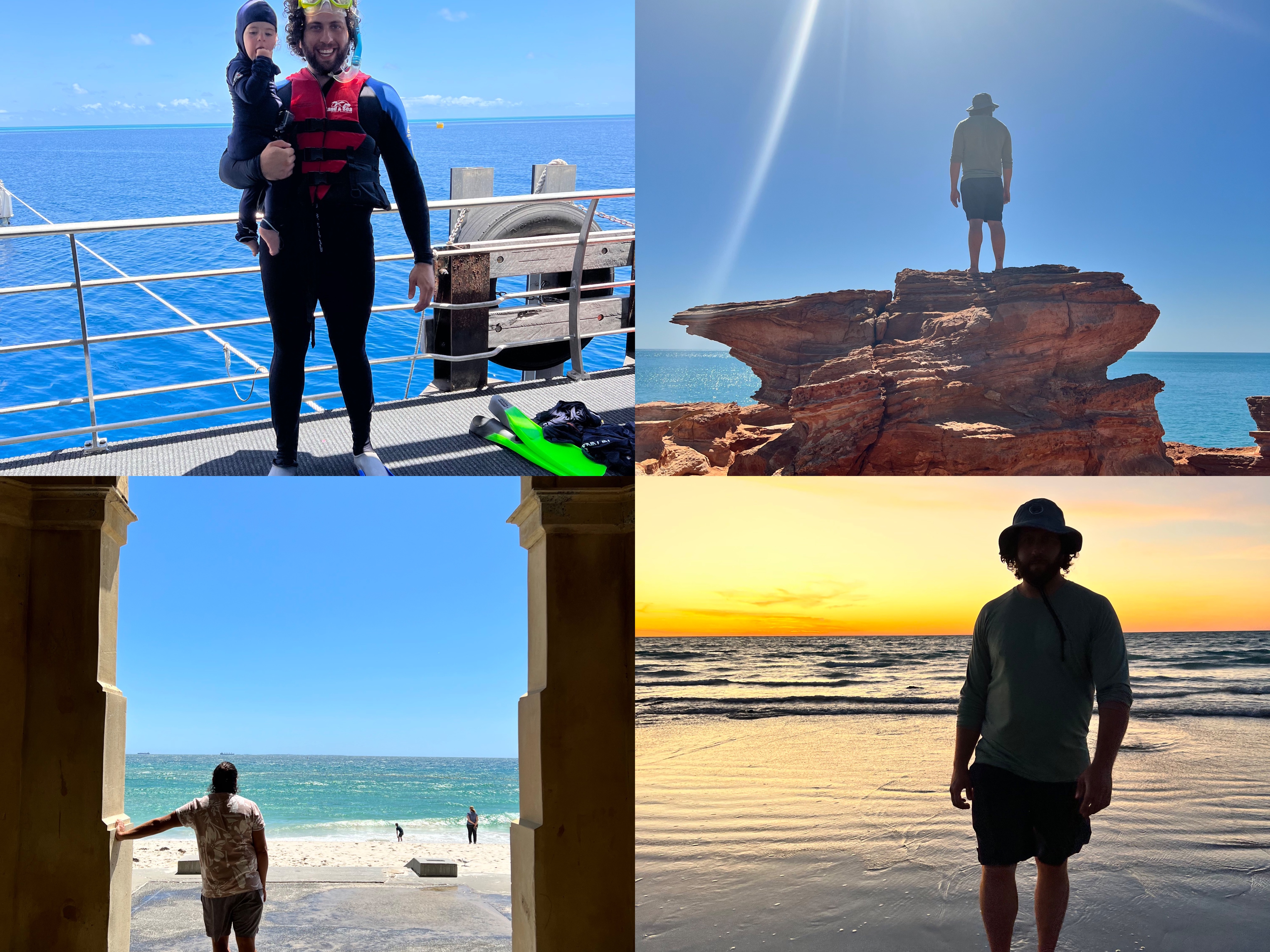 This is a profile picture of Andy Chmait which contains 4 different pictures in one. 

On the top left Andy is holding a baby in snorkelling gear with the ocean and a railing in the background. 

The top right photo is Andy standing on a unique rock formation with the sky and ocean in the background. 

The bottom left photo is of Andy standing underneath a massive entry way with the beach and ocean in the background. 

The bottom right is of Andy on the beach at sunset with vibrant yellow skies reflecting on the ocean and sand.